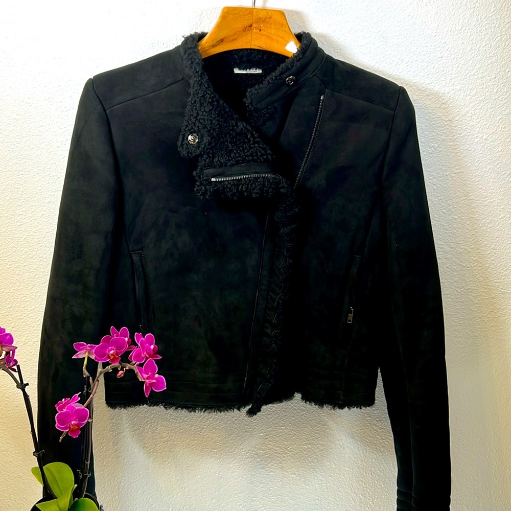 Miu Miu Black Suede Leather Jacket With Sherpa Lining